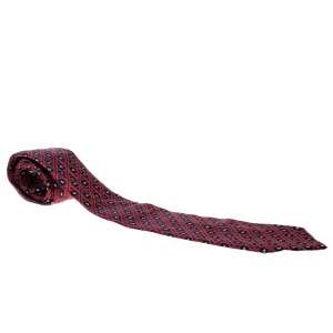 Dior Red and Navy Geometric Pattern Silk Jacquard Tie