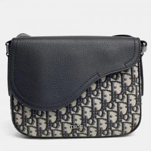 Pre Owned Dior Beige Navy Blue Canvas and Leather Homme Oblique Saddle Mini Messenger Bag