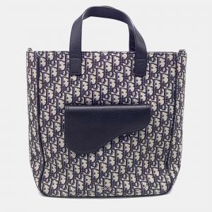 Pre Owned Dior Homme Oblique Beige/Navy Blue Canvas Saddle Tote and Shoulder Bag 1ADSH175YKS