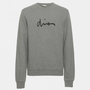 مملوكة مسبقًا Dior Grey Logo Embroidered Cotton Sweater L