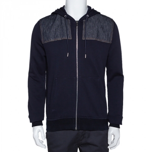 Dior Homme Navy Blue Cotton Denim Trim Zip Front Hooded Jacket L