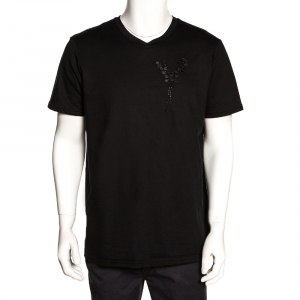 Dior Homme Black Cotton Floral Applique Detail Crew Neck T Shirt XL