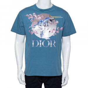 Dior Homme Blue Cotton Metallic Sorayama Floral Logo Crewneck T-Shirt M