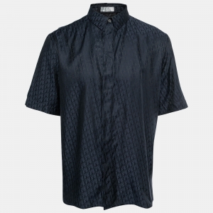 Dior Navy Blue Logo Jacquard Silk Button Front Short Sleeve Shirt L