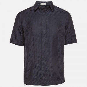 Dior Navy Blue Monogram Patterned Silk Blend Buttoned Up Shirt XXS