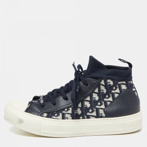 Dior Navy Blue/White Oblique Knit Fabric and Leather Walk'n'Dior High Top Sneakers Size 39