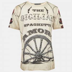 مملوكة مسبقًا Dolce & Gabbana Beige The Sicilian Print Cotton Crew Neck T-Shirt L