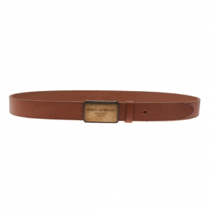 Pre Owned Dolce and Gabbana Beige Leather Logo Plaque Belt 105CM