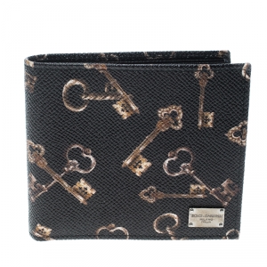 Dolce and Gabbana Black Key Print Leather Bifold Wallet