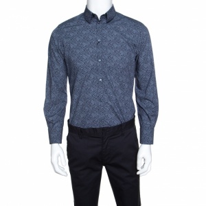 Pre Owned Dolce and Gabbana Gold Blue Pixel Printed Cotton Poplin Shirt L