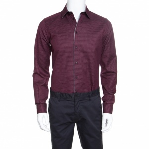 Pre Owned Dolce and Gabbana Gold Burgundy Dotted Cotton Jacquard Jersey Trim Shirt M