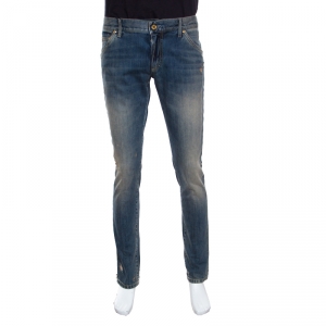 Pre Owned Dolce and Gabbana Indigo Washed Denim Splatter Effect Distressed Jeans M