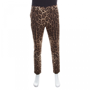 Pre Owned Dolce and Gabbana Brown Leopard Printed Stretch Cotton Tapered Trousers L