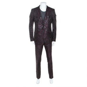 Dolce & Gabbana Black & Burgundy Jacquard Three Piece Martini Suit XXL