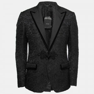 Pre Owned Dolce & Gabbana Black Floral Jacquard Velvet Trim Tailored Blazer M
