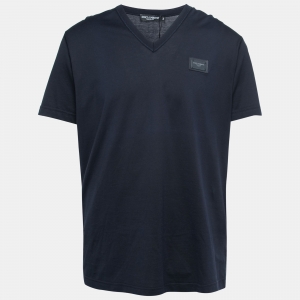 Pre Owned Dolce & Gabbana Navy Blue Cotton Logo Patch V-Neck T-Shirt 2XL