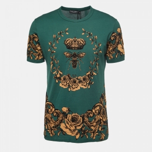 Pre Owned Dolce & Gabbana Green Crown Bee Flock Print Cotton T-Shirt M