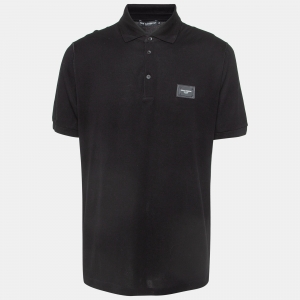 Pre Owned Dolce & Gabbana Black Logo Applique Cotton Short Sleeve Polo T-Shirt XXXL