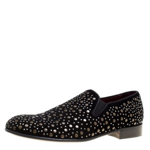 Pre Owned Dolce and Gabbana Black Velvet Crystal Studded Loafers Size 43