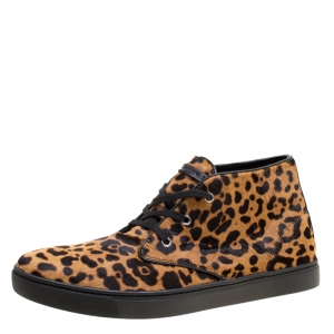 Dolce and Gabbana Brown Leopard Print Calf Hair High Top Sneakers Size 44