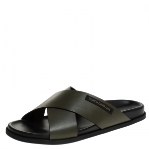 Pre Owned Dolce and Gabbana Olive Green Leather Cross Strap Sandals Size 43