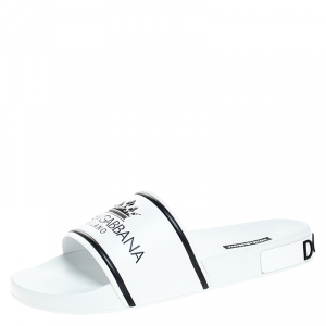 مملوكة مسبقًا Dolce & Gabbana White Leather Crown Logo Slip On Slides Size 43