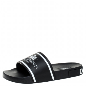 Dolce and Gabbana Black Leather Crown Logo Slip On Slides Size 44