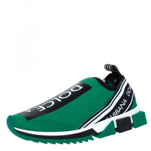Dolce & Gabbana Green Stretch Jersey Logo Print Slip On Sneakers Size 40.5