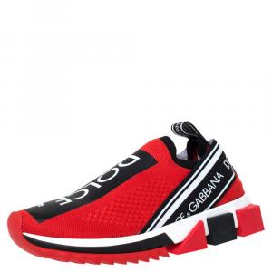 مملوكة مسبقًا Dolce & Gabbana Red Stretch Jersey Logo Print Slip On Sneakers Size 41.5