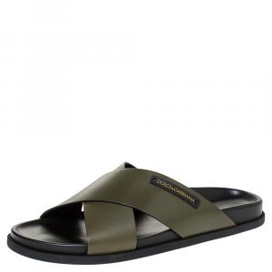 Dolce & Gabbana Green Leather Criss-Cross Slide Sandals Size 44
