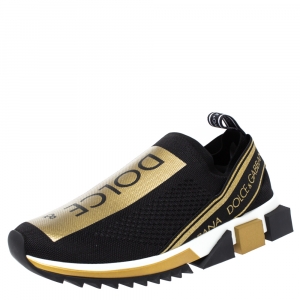 Pre Owned Dolce & Gabbana Black/Gold Stretch Fabric Jersey Sorrento Logo Print Slip On Sneakers Size 41.5