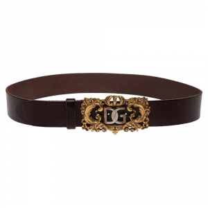 Pre Owned Dolce & Gabbana Brown Leather DG Logo Buckle Belt 90CM