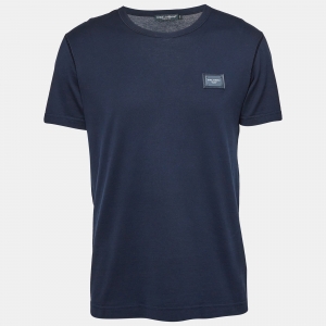 Pre Owned Dolce & Gabbana Navy Blue Logo Applique Cotton T-Shirt L