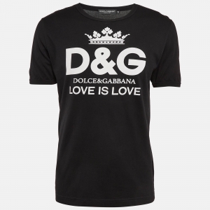 Pre Owned Dolce & Gabbana Black Printed Cotton Knit T-Shirt M