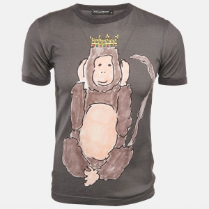Dolce & Gabbana Dark Grey Wise Monkey Print Cotton T-Shirt XS