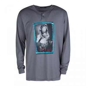 Pre Owned Dolce and Gabbana Grey Cotton Hercules Print Distressed Long Sleeve T-Shirt
