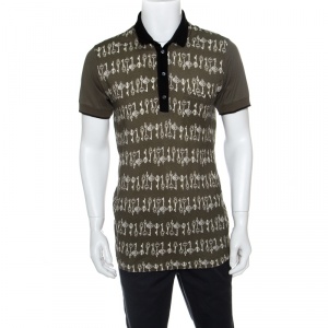 Pre Owned Dolce and Gabbana Green Medieval Key Printed Honeycomb Knit Polo T- Shirt XL