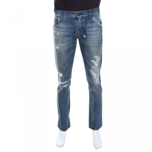 Pre Owned Dolce & Gabbana 14 Gold Indigo Light Wash Denim Distressed Straight Jeans M