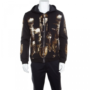 مملوكة مسبقًا Dolce and Gabbana Black Medieval Armor Print Zip Front Hooded Sweatshirt M