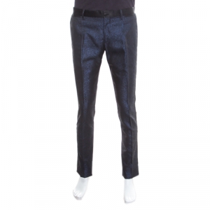 Pre Owned Dolce and Gabbana Navy Blue Metallic Jacquard Satin Trim Trousers M