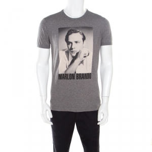 مملوكة مسبقًا Dolce and Gabbana Grey Melange Marlon Brando Printed Crew Neck T-Shirt XL