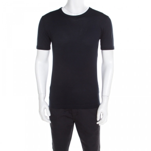 مملوكة مسبقًا Dolce & Gabbana Navy Blue Rib Knit Cotton Crew Neck T-Shirt XS