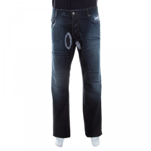 مملوكة مسبقًا بنطلون جينز دولتشي أند غابانا نمط باهت باتشوورك ممزق أسود XXL