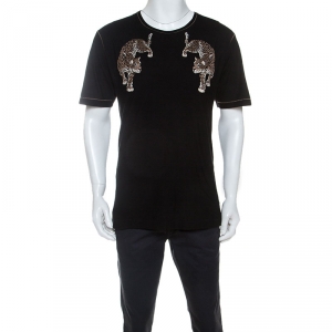 Pre Owned تي شيرت دولتشي أند غابانا مطرز نقشة الفهد خليط حرير أسود S