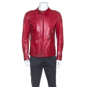 Pre Owned Dolce & Gabbana Red Leather Biker Jacket M