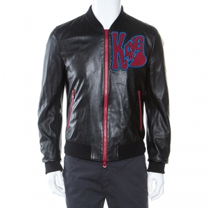 Pre Owned Dolce and Gabbana Black Leather Patch Detail Bomber Jacket L