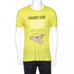Pre Owned Dolce & Gabbana Lime Green Sicily Print Cotton T-Shirt M