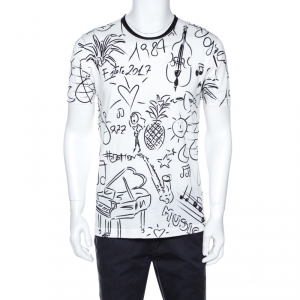 Pre Owned Dolce & Gabbana White Musical Scribbles Print Cotton T-Shirt L