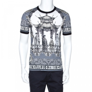 Pre Owned Dolce & Gabbana Grey Chinese Temple Print Cotton T-Shirt M