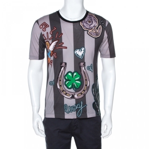 مملوكة مسبقًا تي شيرت دولتشي أند غابانا رقبة مستديرة قطن مطبوع مخطط رمادي M